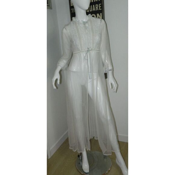 Miss Elaine Robe White Sheer‎ Blue Drawstring  Lace  Neck Ruffle Peignoir Small - Picture 11 of 13